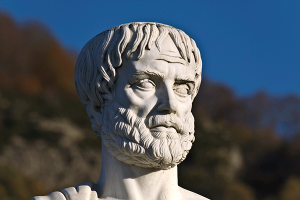 The head of a white marble statue is outlined against a dark blue evening sky, with what look like mountains in the background. The figure appears to represent a famous Greek or Roman philosopher and depicts the figure with full hair and beard and a stoic expression.